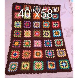 Vintage 70s Handknit Brown Granny Square Afghan Blanket Quilt 40x58"